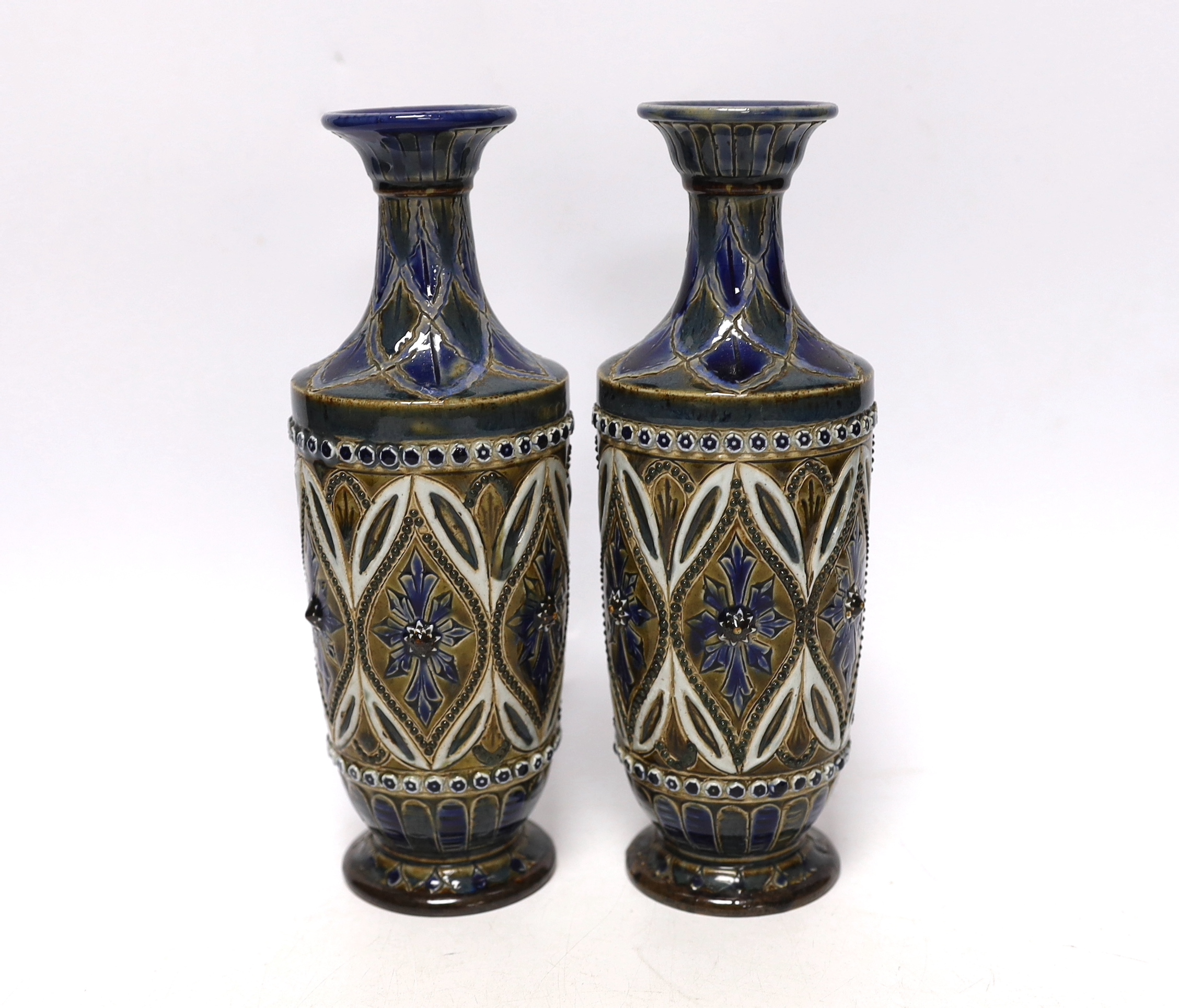 A pair of Doulton Lambeth stoneware vases, decorated by Elizabeth Fisher, stamped and incised to the bases, each 21cm high